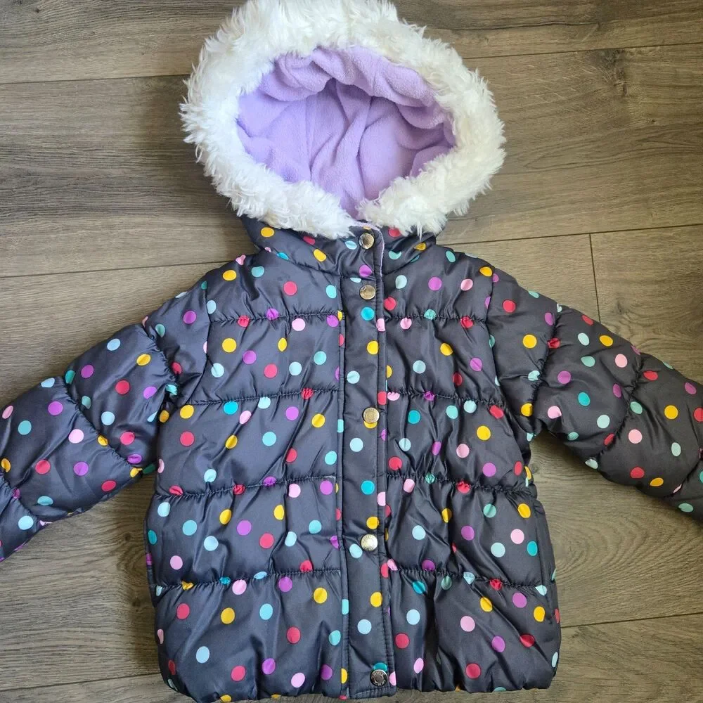 Carters Girls 3T Multicolor Polka Dot Puffer Coat Grey Faux Fur Hooded Jacket